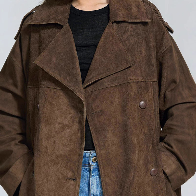 Loose Lapels Brown Long Suede Coat