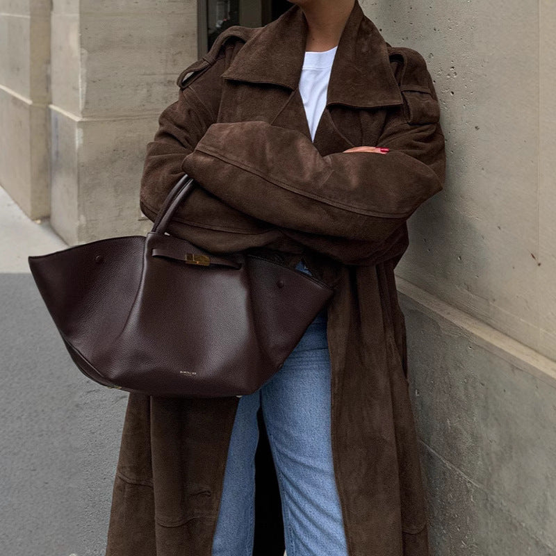 Loose Lapels Brown Long Suede Coat