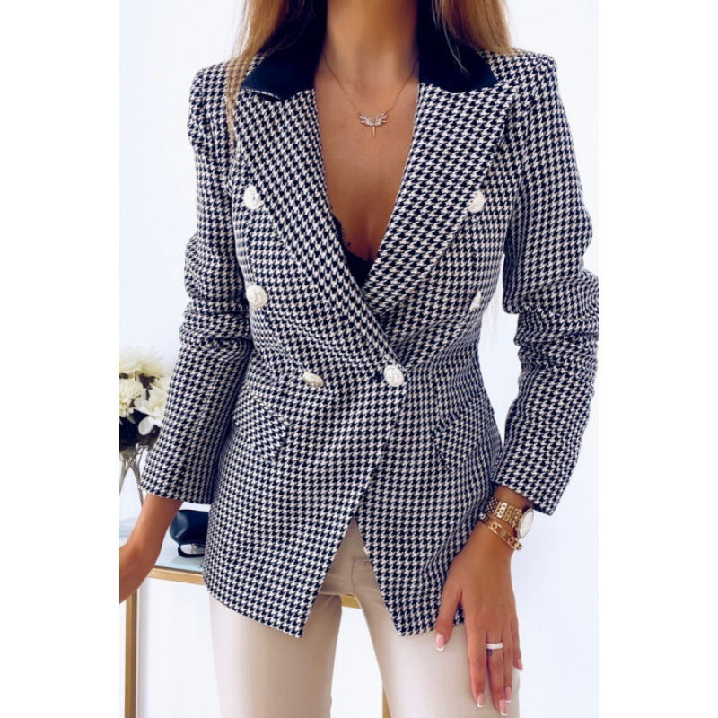 Women's Houndstooth Blazer Pocket Coat
