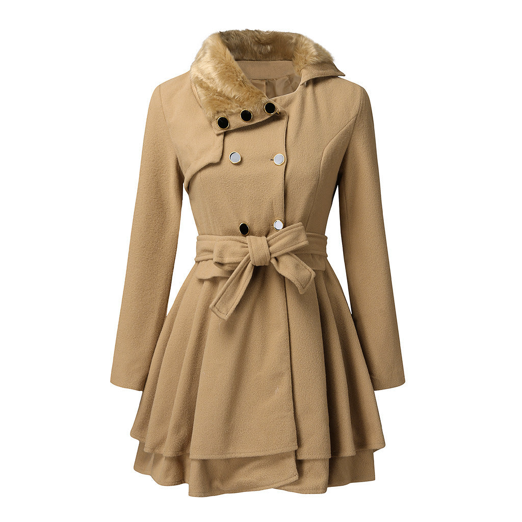 Women's Fur Collar Coat Double-breasted Trench Coat With Large Skirt