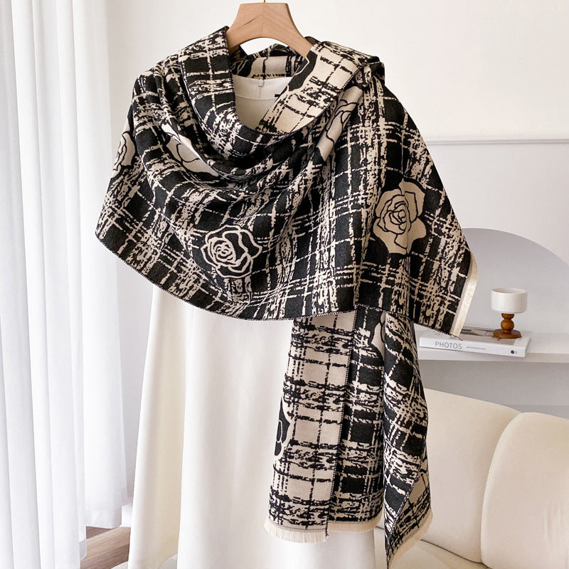 Cashmere-like Double-sided Scarf Camellia Tassel Air-conditioned Room Cloak