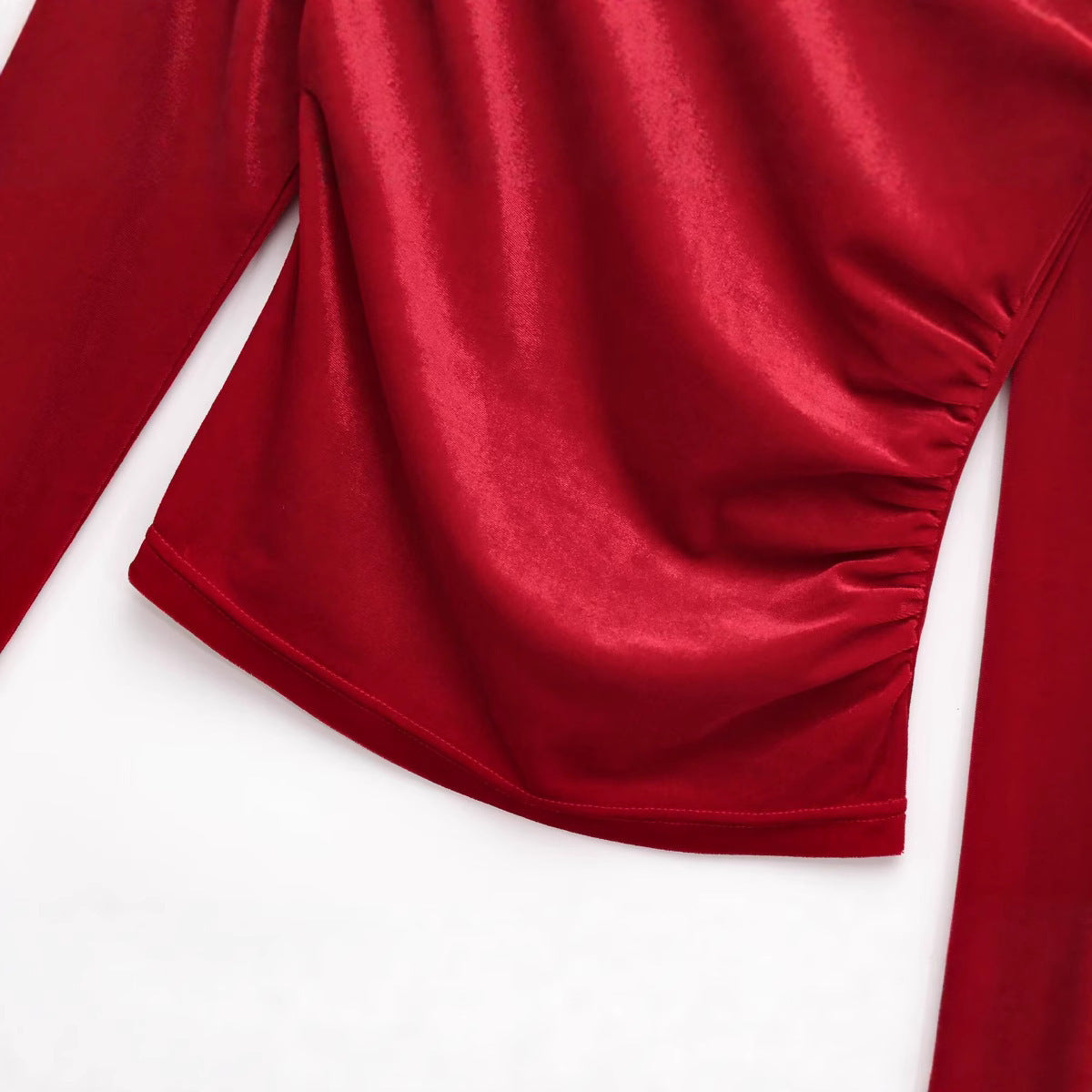 Diagonal Collar Pleated Slim-fit Asymmetric Long-sleeved Top For Women