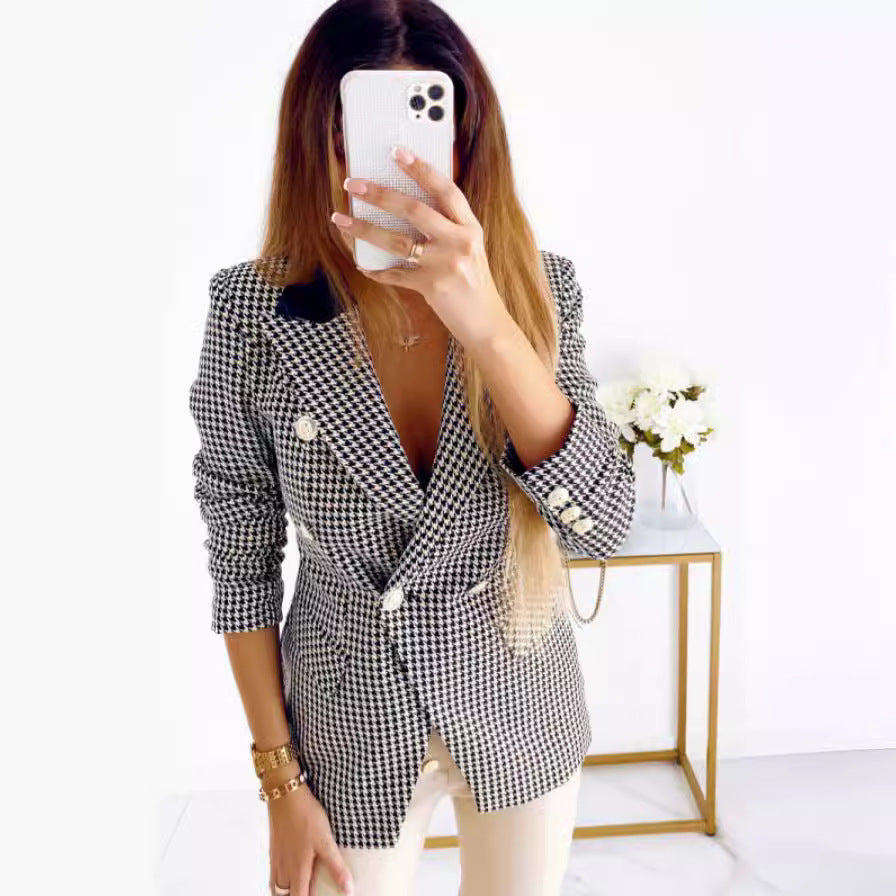 Women's Houndstooth Blazer Pocket Coat